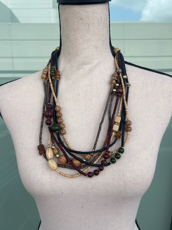 Jewelry - Handmade Vintage Boho Multi-Strand Wood Beaded Necklace in Green, Burgundy & Tan